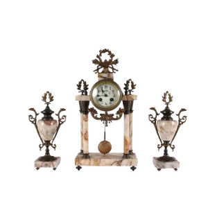 Marble & Bronze Clock with Cassolettes, Set of 3
