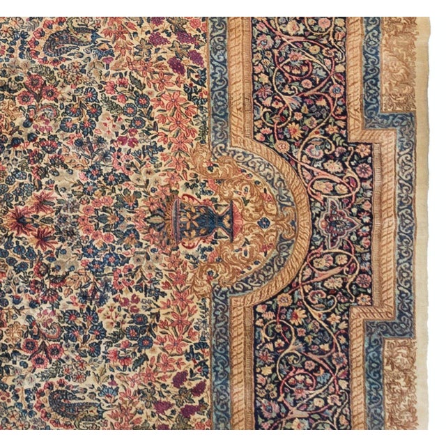 1920s Persian Square Rose Ivory Navy Blue Floral Kirman Rug For Sale - Image 4 of 5
