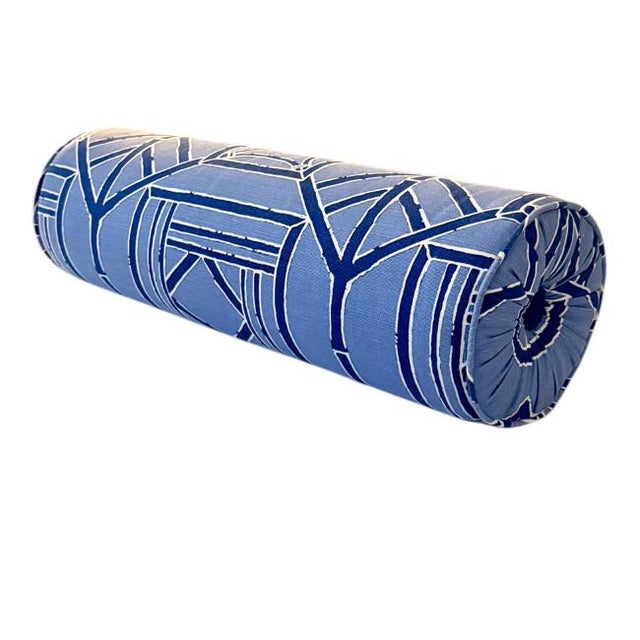 Chippendale Thibaut “Shoji Panel” Bolster Pillow – Blue & Navy For Sale - Image 3 of 6