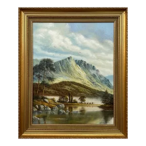 Vintage Oil Painting of Mountain Countryside Scene With Lake, Birds & Cattle in England, 1995