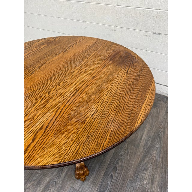 Brown Vintage 48 Inch Round Quarter Sawn Oak Lion Paw Claw Foot Pedestal Dining Table For Sale - Image 8 of 16