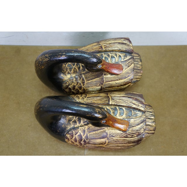 Pair Mid Century Chinese Lacquered Carved Hardwood Swan Sculptures Decoy 13" For Sale - Image 9 of 12