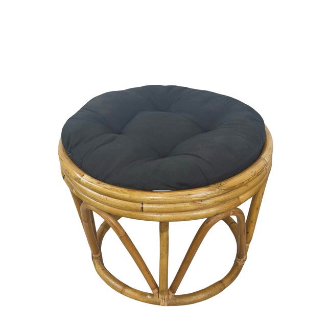 Wood Pair of 1970s Vintage Rattan and Bamboo Round Ottoman Footstools For Sale - Image 7 of 18