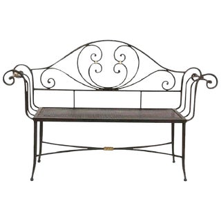 New Black Wrought Iron Bench With Arms and Back For Sale