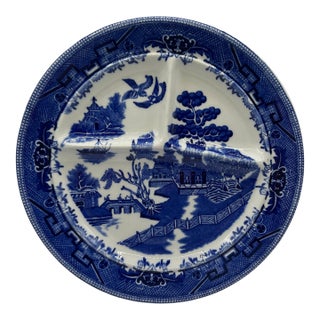 Vintage Shenago Blue Willow China Divided Ceramic Plate For Sale