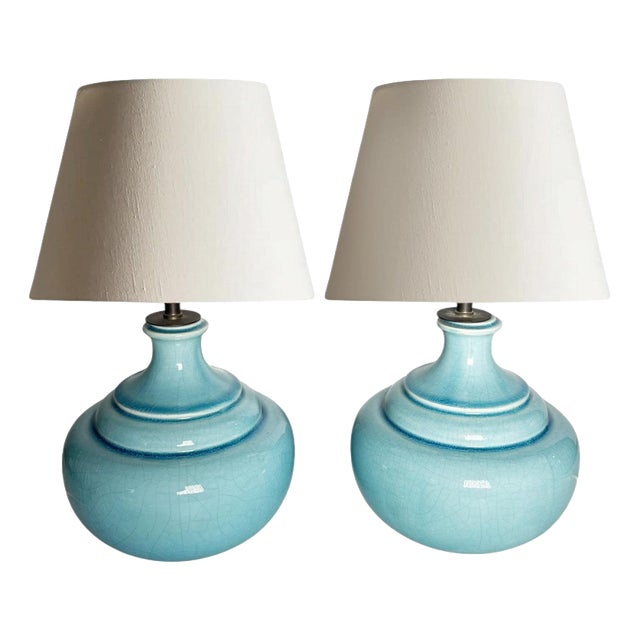 Vintage Blue Ceramic Table Lamps, France, 1970s, Set of 2 For Sale