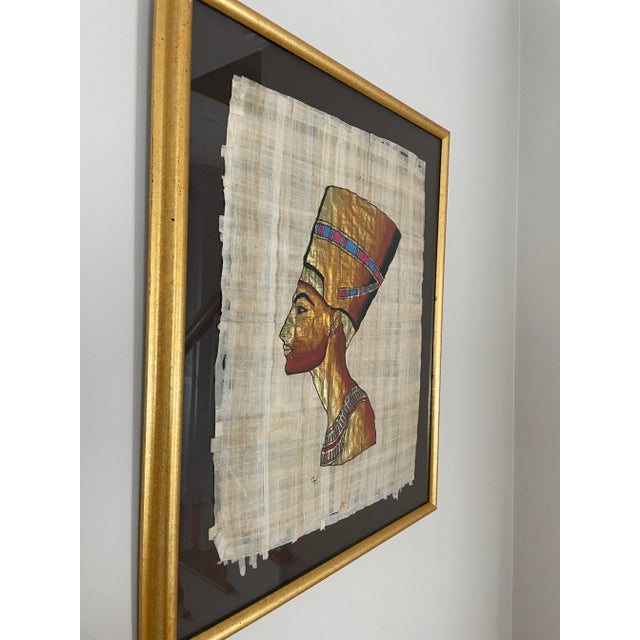 Vintage Authentic Hand Painted Egyptian Papyrus Painting of Queen Nefertiti. Framed with black mat: 18" Wide x 22" High x...