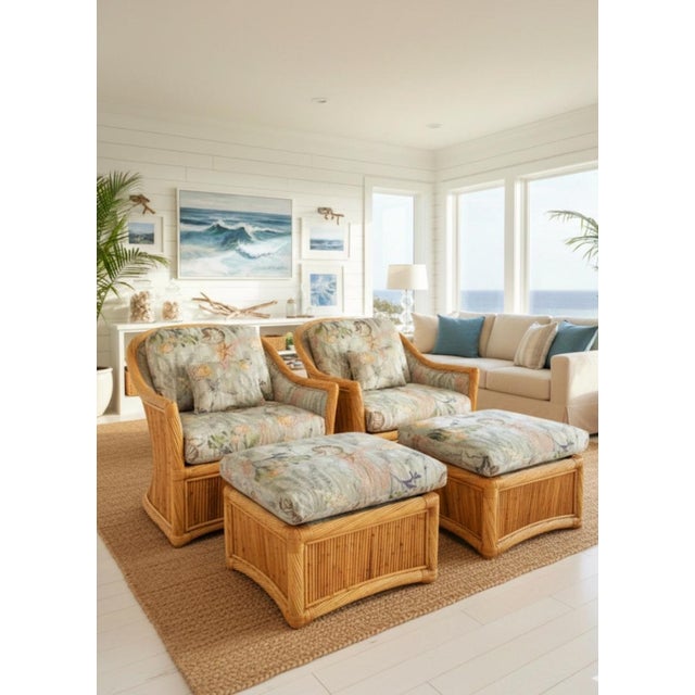 Vintage Pencil Reed Vivai Del Sud Style Coastal Regency Lounge Chairs With Matching Ottomans- Set 4 For Sale - Image 13 of 15