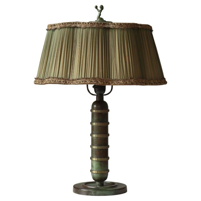 Swedish Art Deco Table Lamp in Green Patinated Bronze with Pleated Shade, 1930s For Sale - Image 18 of 18