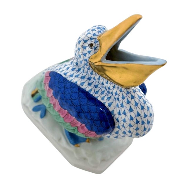 Ceramic Late 20th Century Herend Blue Fishnet Large Pelican Figurine For Sale - Image 7 of 7