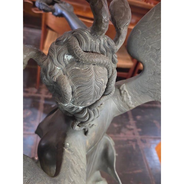 Burnt Umber Antique 1900s Large Victory Bronze Statue on Marble Base Snakes Symbol Triumph Over Evil For Sale - Image 8 of 15