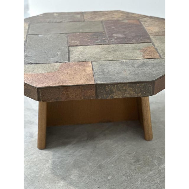 Large Vintage Brutalist Slate Mosaic Coffee Table with Oak Pedestal Base For Sale - Image 5 of 16