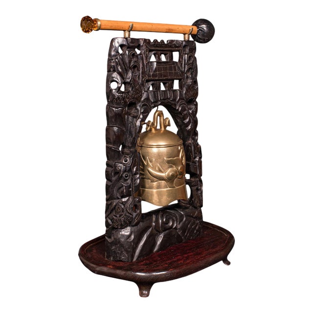 Antique Tea Ceremony Gong, Oriental, Carved Stand, Brass Bell, Edwardian, c.1910 For Sale