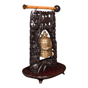 Antique Tea Ceremony Gong, Oriental, Carved Stand, Brass Bell, Edwardian, c.1910