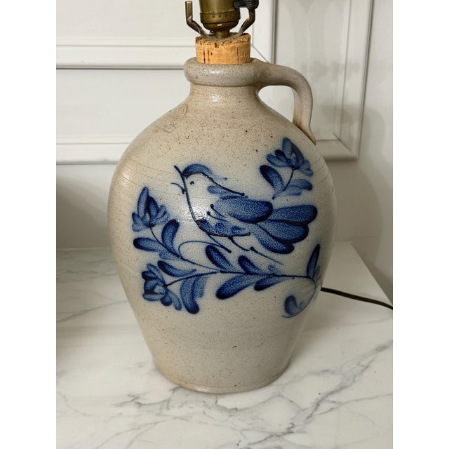 Vintage Rowe Pottery Works Salt Glazed Stoneware Cobalt Blue Bird Jug Table Lamp 25" For Sale - Image 4 of 18