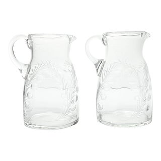 Antique Pair of Etched Lily of the Valley Small French Jug Pitchers For Sale