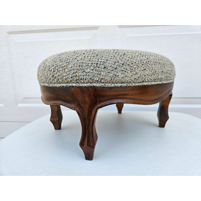 Blue and Brown Tweed Upholstered Oval Footstool For Sale - Image 4 of 12