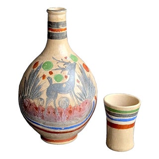 1960s Tonalá Mexico Burnished Glaze Ceramic Water Jug/Decanter With Cup, 2 Piece Set For Sale
