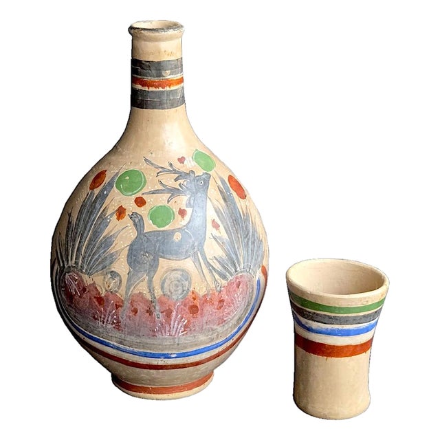 1960s Tonalá Mexico Burnished Glaze Ceramic Water Jug/Decanter With Cup, 2 Piece Set For Sale