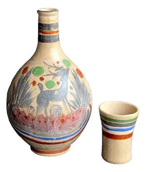 1960s Tonalá Mexico Burnished Glaze Ceramic Water Jug/Decanter With Cup, 2 Piece Set