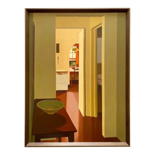 Barbara Morgan Roberts Vintage 1974 Mid Century Modern Edward Hopper Style " Interior " Framed Original Large Realist Painting For Sale