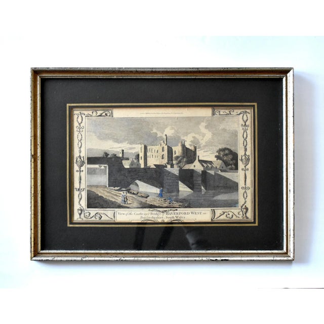 An antique mid-18th-century engraving of a British castle in Wales, "View of the Castle and Bridge of Haverford West in...