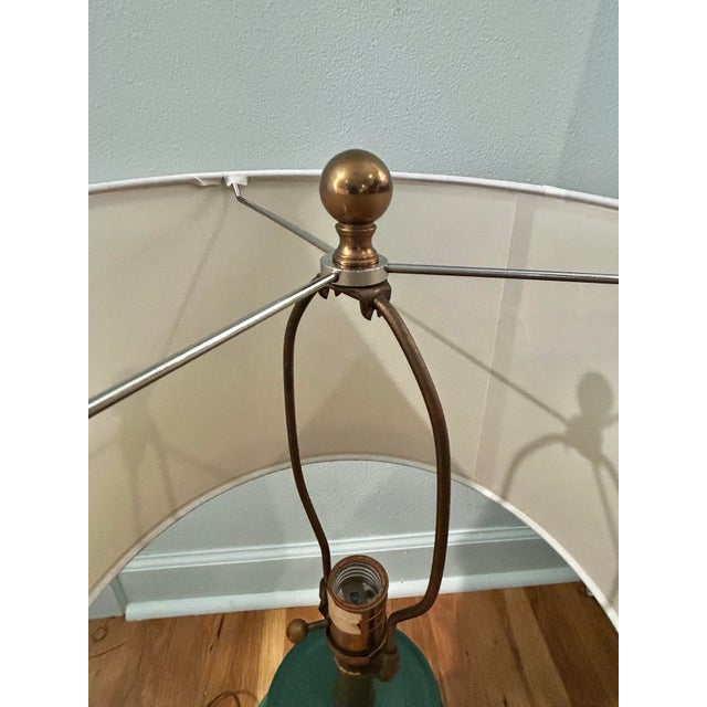 Metal 1970’s Vintage Ethan Allen Ceramic and Brass Ginger Jar Lamp in Teal For Sale - Image 7 of 12