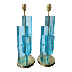 Contemporary Blue Lagoon Cubic Murano Style Glass and Brass Lamps, Italy - a Pair
