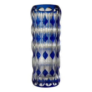 Art Deco Blue Overlay Cut Crystal Vase by Carl Meltzer for Haida, 1915 For Sale