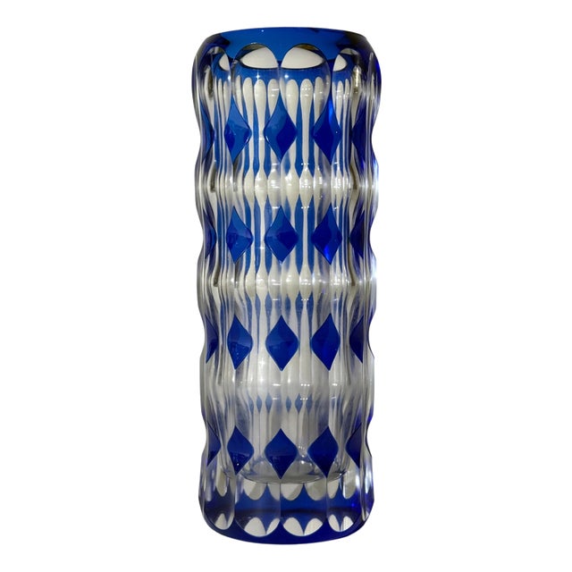 Art Deco Blue Overlay Cut Crystal Vase by Carl Meltzer for Haida, 1915 For Sale