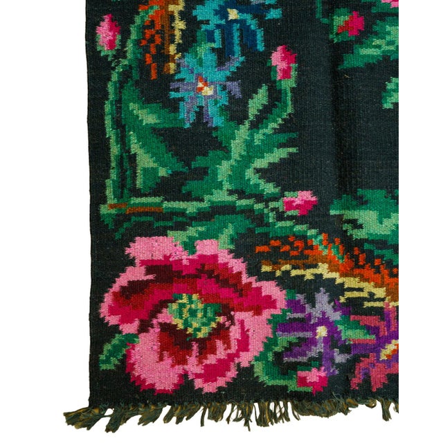 Vintage Romanian-Moldovan Bessarabian-Style Handwoven Wool Rug with Dark Floral Folk Pattern, Blue Field, and Fringe, 1970s For Sale - Image 9 of 10