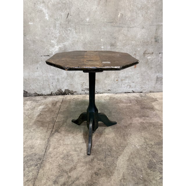 French Country Antique Side Table Octagonal Top Snake Leg Tripod Primitive Green Paint Accent For Sale - Image 3 of 8