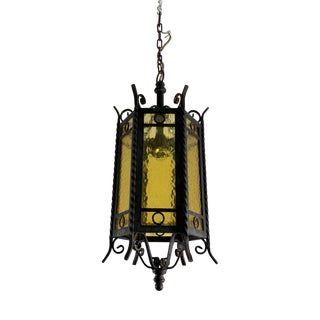 Gothic-Style Wrought Iron Lantern with Yellow Glass, 1960s For Sale