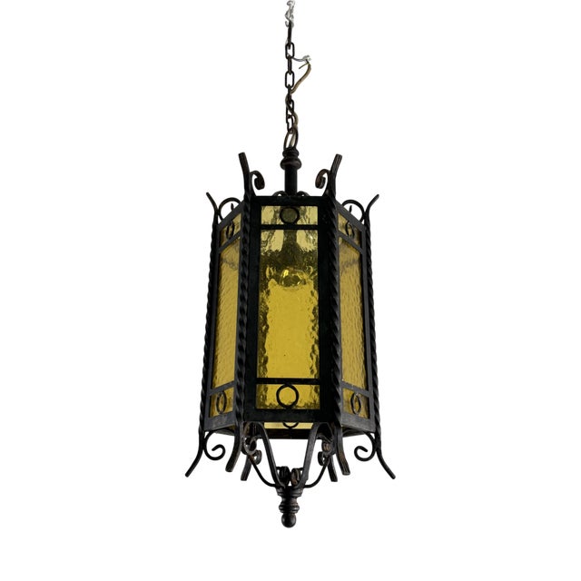 Gothic-Style Wrought Iron Lantern with Yellow Glass, 1960s For Sale