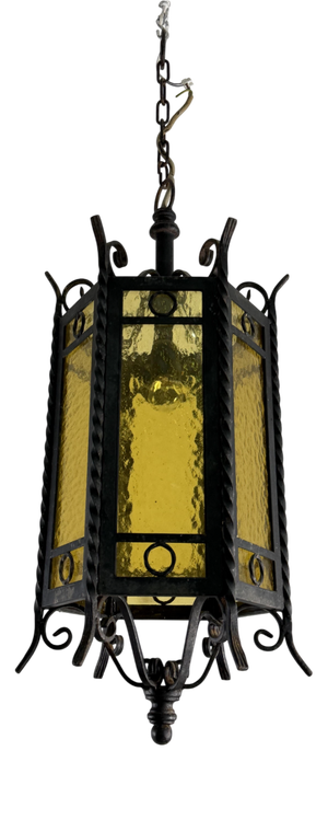 Gothic-Style Wrought Iron Lantern with Yellow Glass, 1960s