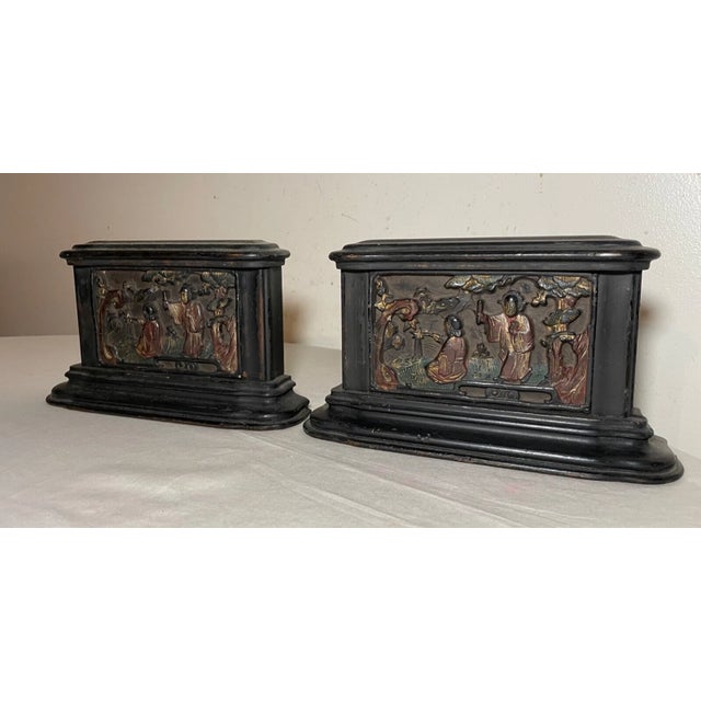 Chinese Pair of Antique Chinese Asian Hand Carved Wood Figural Scene Bookends Sculpture For Sale - Image 3 of 10