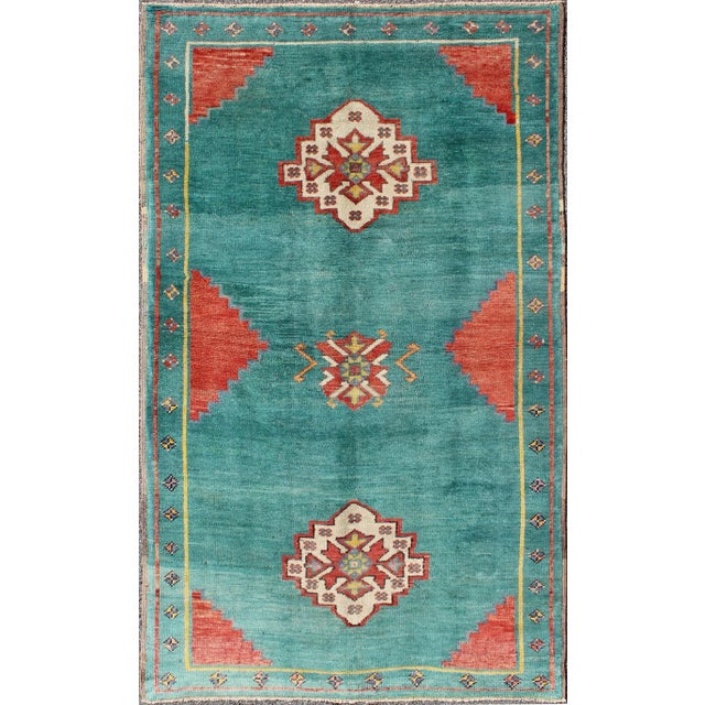 Teal-Colored Oushak Hand Knotted Vintage Turkish Rug With Three Medallions, Red Cornices For Sale - Image 10 of 10