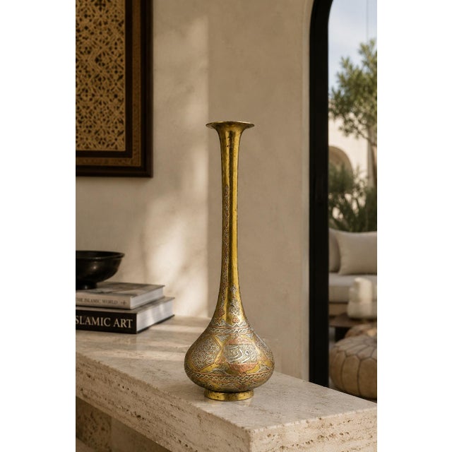 Persian Antique Islamic Persian Revival Brass Vase With Silver & Copper Inlay For Sale - Image 3 of 16