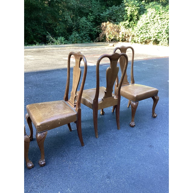 Set of 6 Vintage Queen Anne Style Dining Chairs in Distressed Leather For Sale - Image 4 of 8