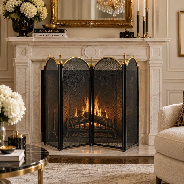 American Vintage Fireplace Screen Black Mesh Folding Grate Brass Accents 4 Panel For Sale - Image 3 of 3