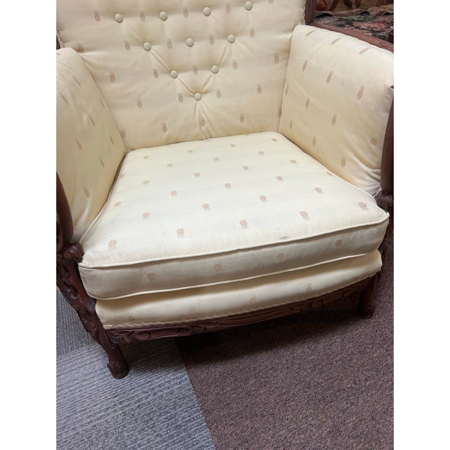 Wood 1920's Art Nouveau Carved Walnut Lounge Club Chair Pineapple Upholstery For Sale - Image 7 of 11