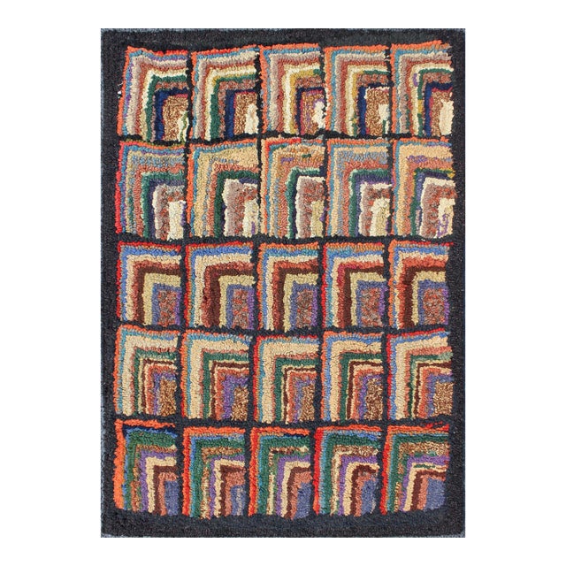 Antique American Hooked Rug With Geometric Designs For Sale