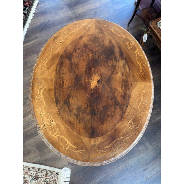 Brown Early 20th Century French Side Table With Carved Legs and Intricate Floral Inlaid Top For Sale - Image 8 of 12