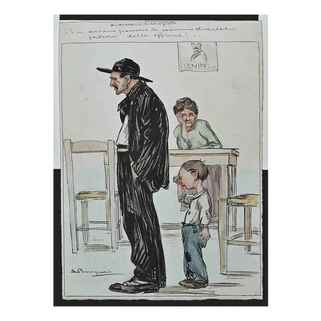 Luigi Bompard, The Fired Worker, Original Watercolor and Ink, 1920s For Sale