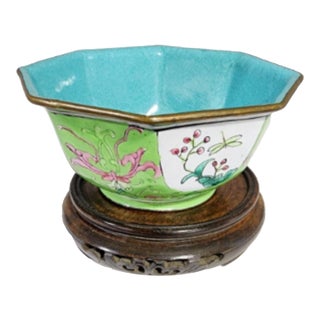 Small Antique Canton Enamel Cloisonne Bowl W/ Rosewood Stand For Sale