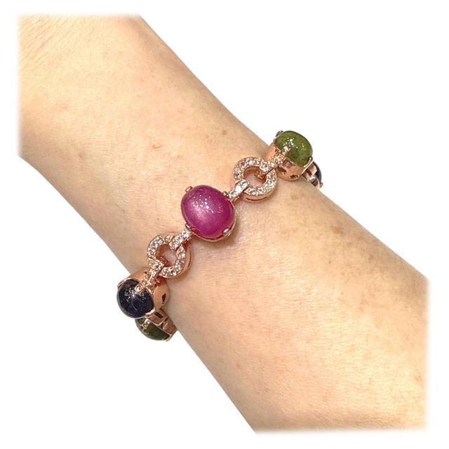 Bochic "Capri" Ruby & Multi Color Sapphire Bracelet Set In 18K Gold & Silver For Sale - Image 15 of 18