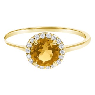 10K Yellow Gold Orange Citrine and 1/10 Cttw Diamond Halo Ring For Sale