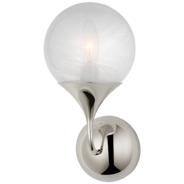 Cristol Small Single Sconce in Polished Nickel with White Glass Designer: AERIN Height: 12" Extension: 6.75" Backplate:...
