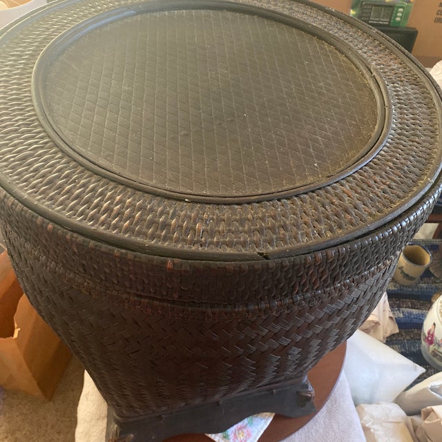 Wood Chinese Vintage Hand Stitched Rattan Basket With Round Top and Dark Patina For Sale - Image 7 of 8