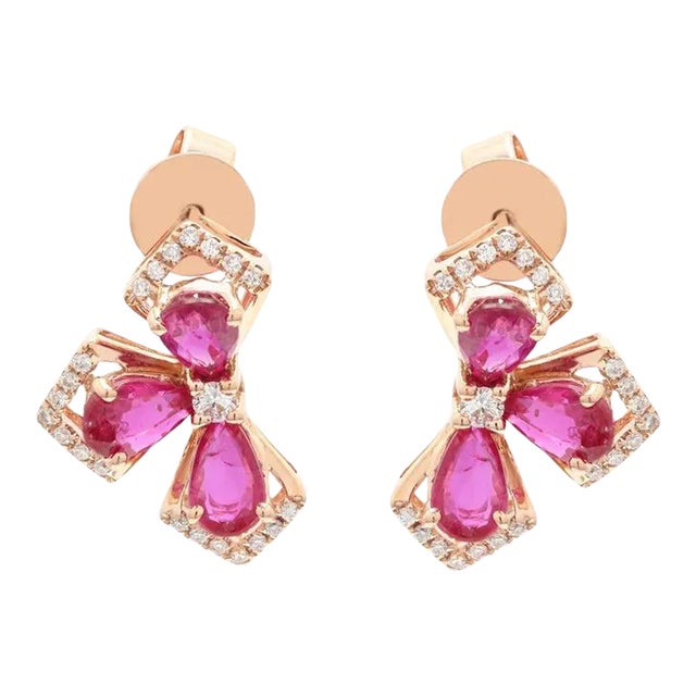 Art Deco 14k Rose Gold Ruby Diamond Half Floral Cluster Earrings- A Pair For Sale